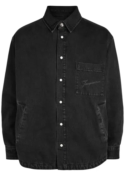 Jacquemus Virgin Wool Long-sleeve Shirt With Embroidered Logo In Black