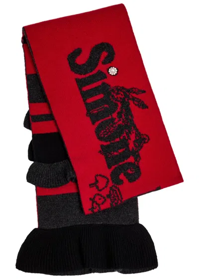 Simone Rocha Striped Ruffle-trimmed Wool-blend Scarf In Red