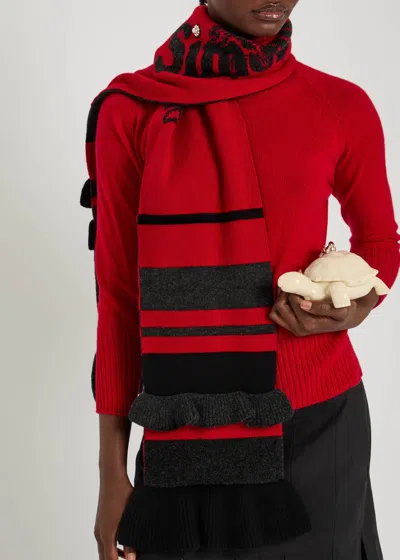 Simone Rocha Striped Ruffle-trimmed Wool-blend Scarf In Red
