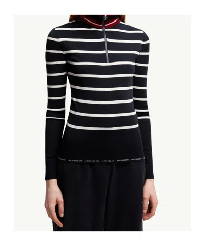 Moncler Stripe Virgin Wool Quarter Zip Pullover In Black