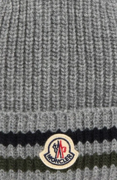 Moncler Kids' Logo Patch Stripe Virgin Wool Beanie In Gray
