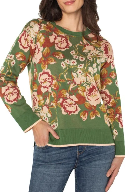 Liverpool Los Angeles Floral Long Sleeve Cotton Blend Sweater In Green