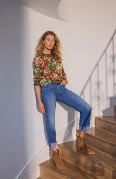 Liverpool Los Angeles Floral Long Sleeve Cotton Blend Sweater In Green