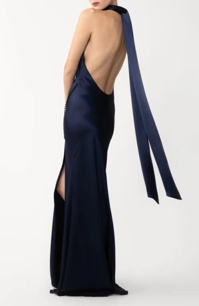 Sau Lee Penelope Satin Halter Neck Gown In Blue