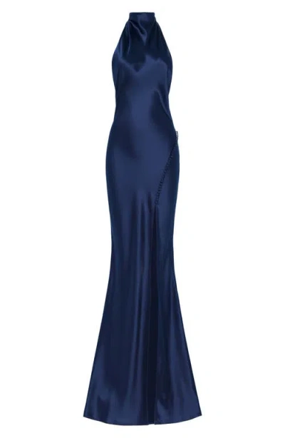Sau Lee Penelope Satin Halter Neck Gown In Blue