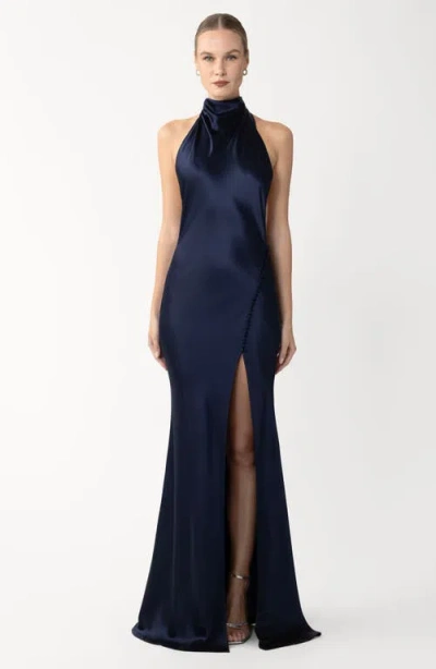 Sau Lee Penelope Satin Halter Neck Gown In Blue