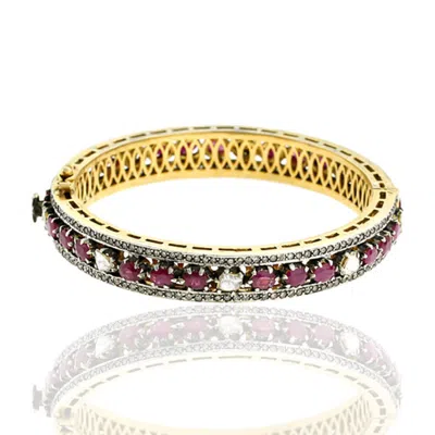 Artisan Women's White Ruby & Diamond Bangle In 18kt Gold With Oxidized Silver Accents – Victorian Style Fine In White