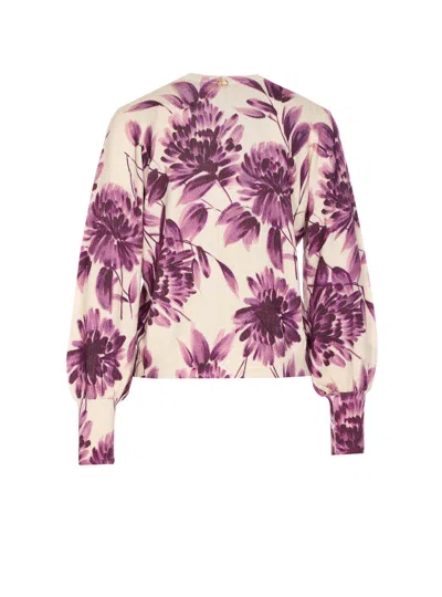 Twinset Twin-set Floral Pattern Viscose Sweater With Gathered Cuffs In Neutral