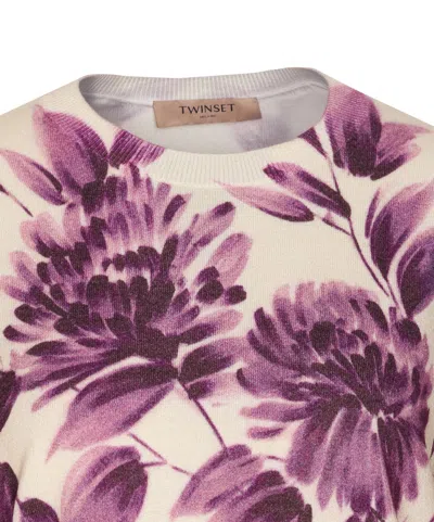 Twinset Twin-set Floral Pattern Viscose Sweater With Gathered Cuffs In Neutral