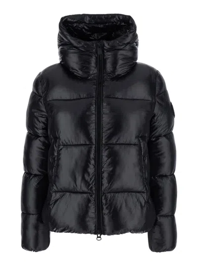 Save The Duck Biddy Black Down Jacket With Hood And Logo Patch On The Sleeve In Tech Fabric Man In Black
