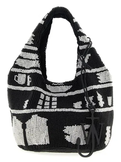 Jw Anderson Mini Beaded Shoulder Bag With Abstract Patterns In Black