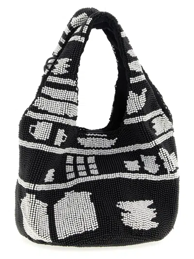 Jw Anderson Mini Beaded Shoulder Bag With Abstract Patterns In Black