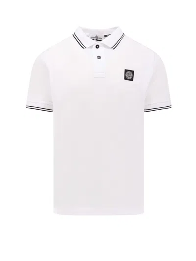 Stone Island Contrasting Trim Logo Patch Cotton Blend Polo Shirt In White