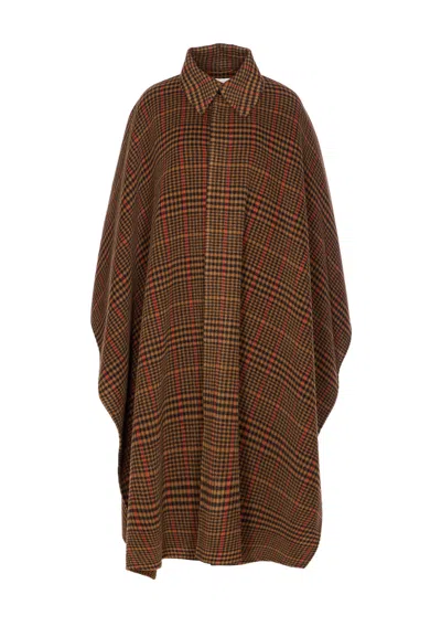 Saint Laurent Plaid Cape In Brushed Wool In Brown