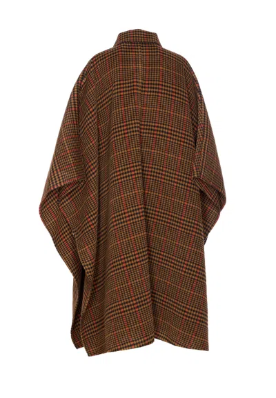 Saint Laurent Plaid Cape In Brushed Wool In Brown