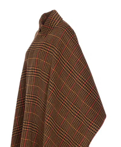Saint Laurent Plaid Cape In Brushed Wool In Brown
