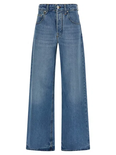 Jacquemus Wide Leg High Rise Jeans With Contrast Stitching In Blue