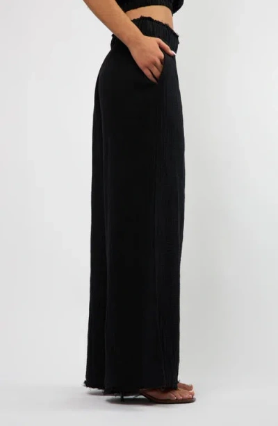 Viens Avec Moi Crinkle Cotton Gauze Wide Leg Pants In Black