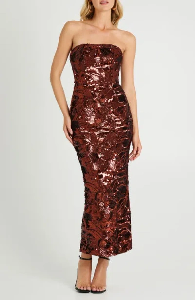 Helsi Leslie Pattern Sequin Strapless Gown In Brown