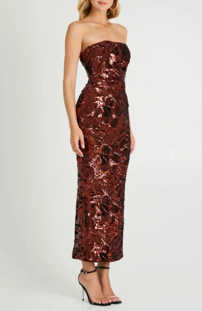 Helsi Leslie Pattern Sequin Strapless Gown In Brown