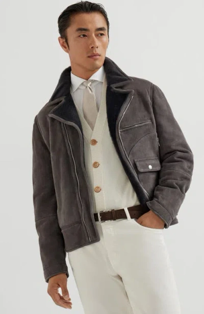 Brunello Cucinelli Shearling Biker Jacket In Gray