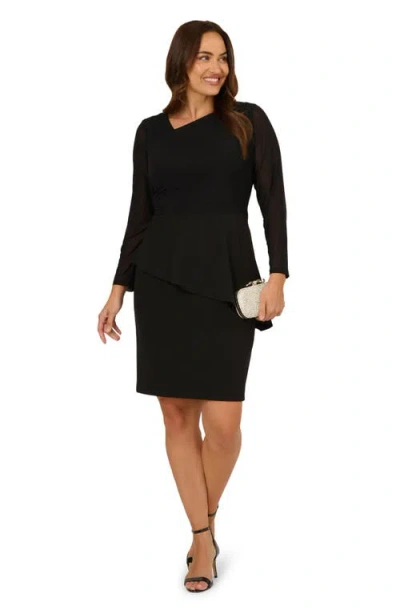 Adrianna Papell Plus Size Long Sleeve Asymmetrical Peplum Sheath Dress In Black