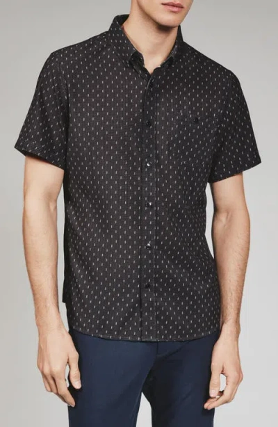 7 Diamonds Renzo Textured Geo Pattern Short Sleeve Stretch Button-up Shirt In Black