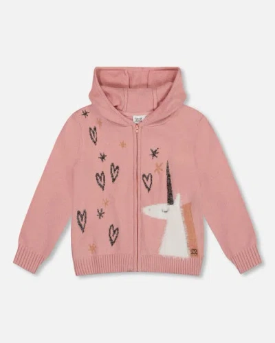 Deux Par Deux Hooded Knit Cardigan With Unicorn Intarsia In Pink