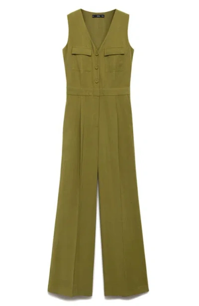 Mango Sleeveless Button Up Jumpsuit In Green