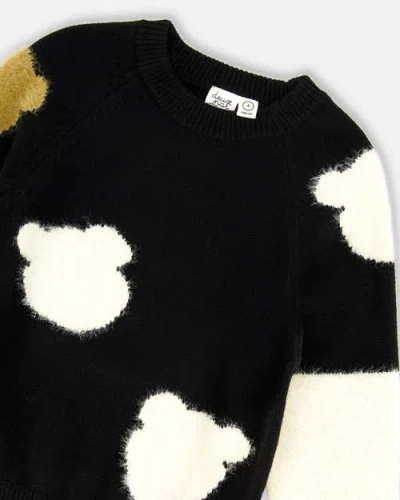 Deux Par Deux Knitted Sweater With Bear Intarsia In Black