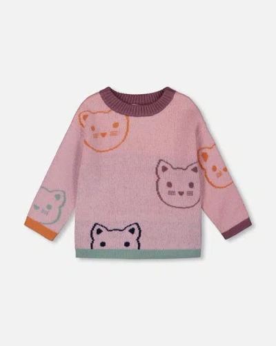 Deux Par Deux Knit Jacquard Sweater With Cats In Multi