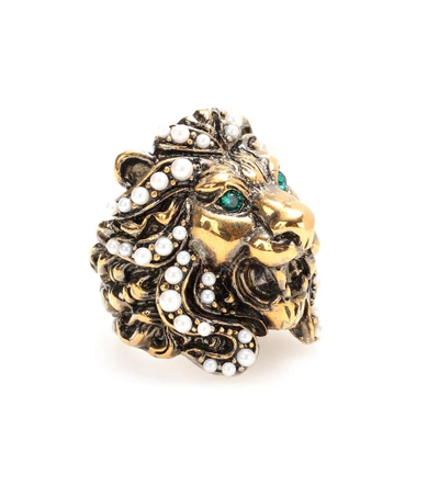 Gucci Lion Head Ring With Crystals In Aged Gold Finish
