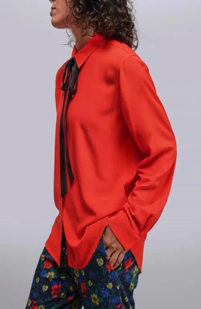 Wildfang The Empower Long Sleeve Bow Button Up Shirt In Red