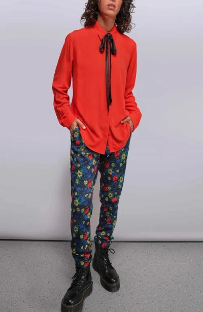 Wildfang The Empower Long Sleeve Bow Button Up Shirt In Red