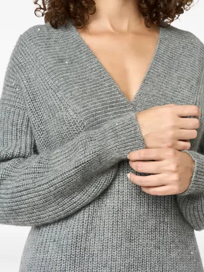 Malo Sequin-embellished V-neck Sweater In Gray