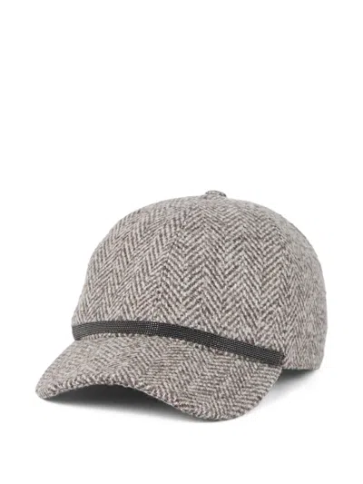 Brunello Cucinelli Bead-embellished Herringbone Wool-blend Tweed Cap In Neutral