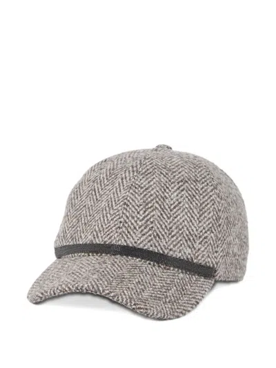 Brunello Cucinelli Bead-embellished Herringbone Wool-blend Tweed Cap In Neutral