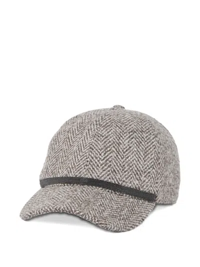 Brunello Cucinelli Bead-embellished Herringbone Wool-blend Tweed Cap In Neutral