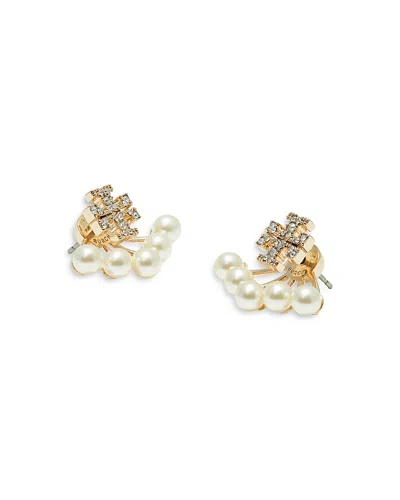 Tory Burch Pave Double T & Imitation Pearl Front To Back Earrings In 18k Gold Plated In Gold
