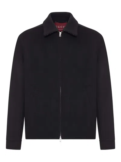 Gucci Men Black Jacket With Classic Collar And Web Motif On The Waist In Cotton Man In Black