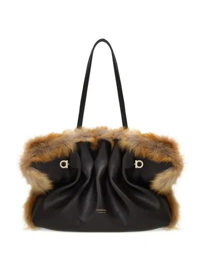 Ferragamo Medium Soft Calfskin-trimmed Shoulder Bag In Brown