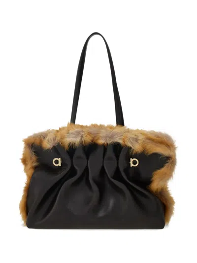 Ferragamo Medium Soft Calfskin-trimmed Shoulder Bag In Brown