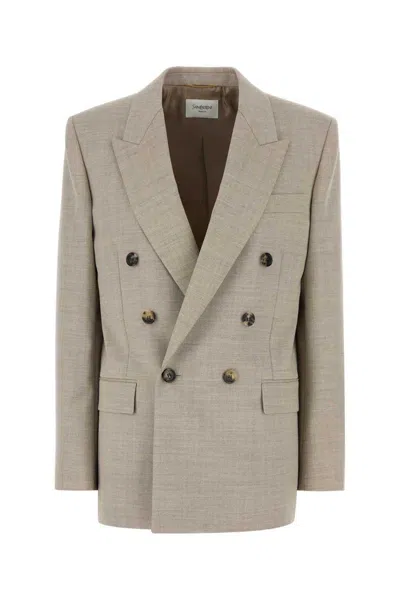 Saint Laurent Double-breasted Wool Blazer Peak Lapels In Green
