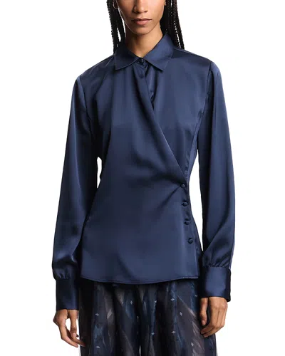 Emporio Armani Wrap Front Collared Shirt With Buttoned Cuffs In Blue