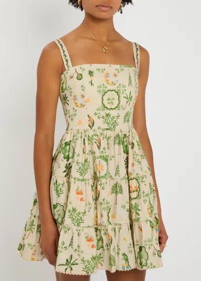 Agua By Agua Bendita Lima Tiered Printed Cotton-blend Mini Dress In Neutral