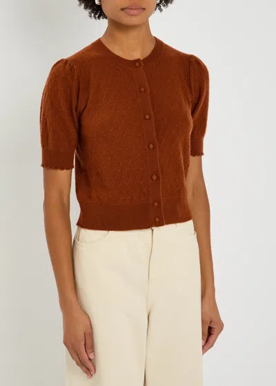 Frame Pointelle Cashmere Cropped Cardigan In Brown