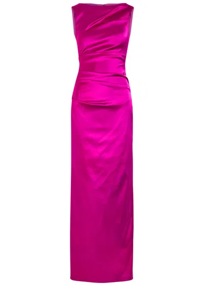 Talbot Runhof Duchesse Satin Ruched Maxi Dress In Pink