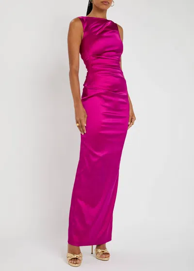 Talbot Runhof Duchesse Satin Ruched Maxi Dress In Pink