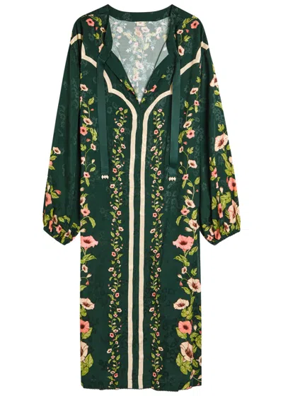 Agua By Agua Bendita Zircón Mosquetero Floral-print Linen Midi Kaftan In Green