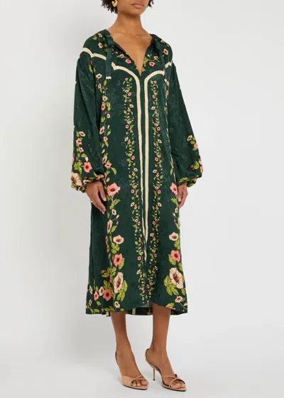 Agua By Agua Bendita Zircón Mosquetero Floral-print Linen Midi Kaftan In Green
